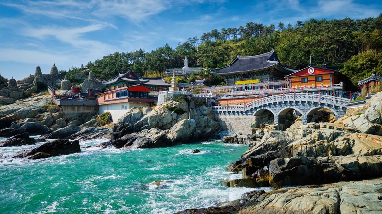 View of the Haedong Yonggungsa Temple on a clear day in Busan, South Korea