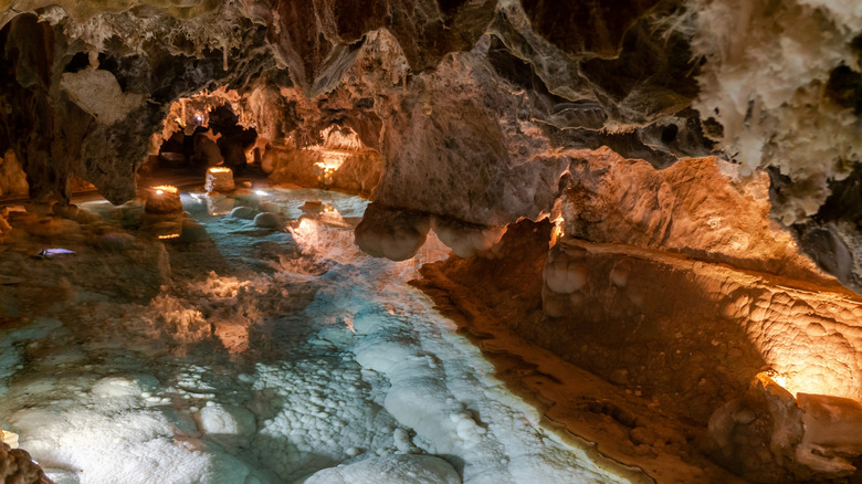 Unique limestone formations in the Gruta de las Maravillas in Aravena, Spain