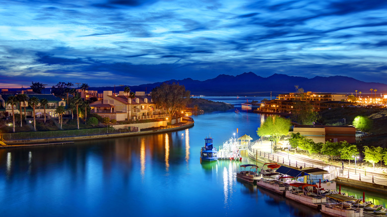 An aerial view of Lake Havasu City at night