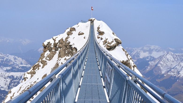 The suspension bridge at Glacier 3000 in Les Diablerets, Switzerland, in the winter