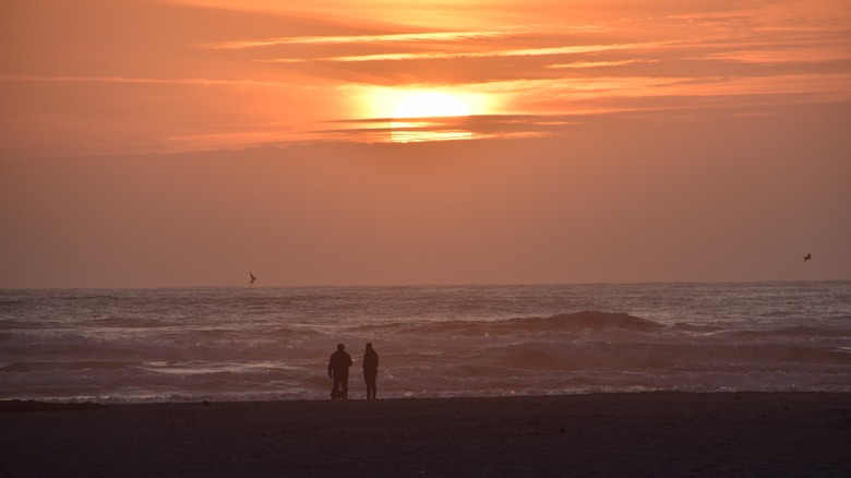 two silhouettes beach sunset