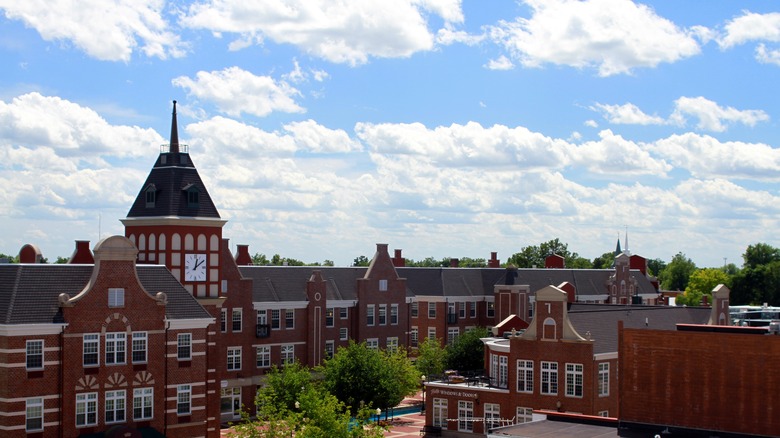 An aerial view of a large brown building Pella, Iowa on a clear day