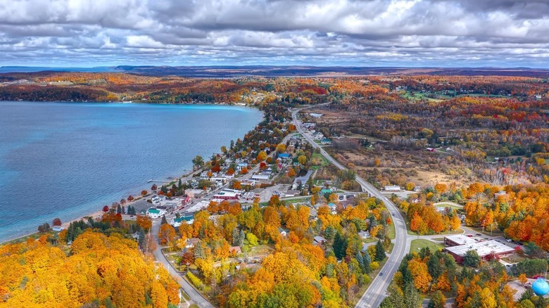 Aerial view of Beulah, MI, in autumn