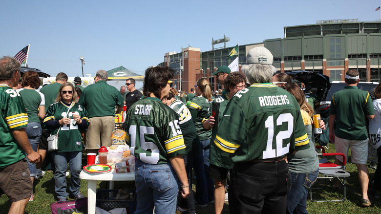 Green Bay Packers fans tailgating outside Lambeau Field in Wisconsin