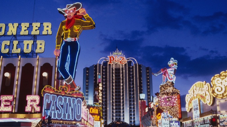 Fremont Street in Las Vegas, Nevada, with its neon signs lit up in the evening