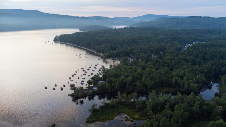 A drone shot of Newfound Lake