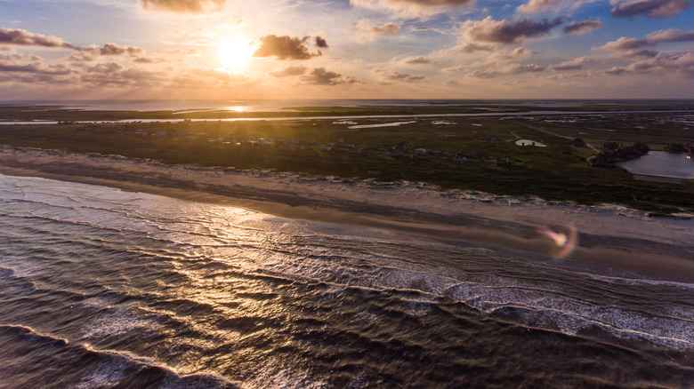 Aerial of Matagorda Beach, Texas, at sunset