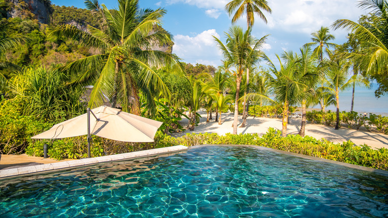 blue pool with beach view