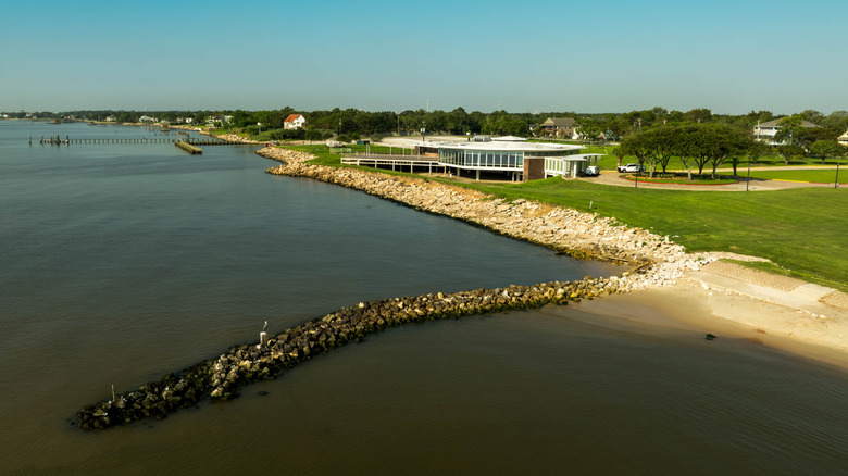 An aerial view of the pavilion at Sylvan Beach Park in La Porte, Texas.