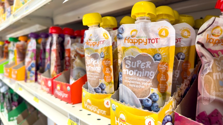 Smoothie pouches on grocery shelf