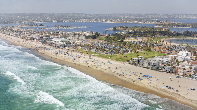 blue ocean waves against the beach at Mission Beach in San Diego