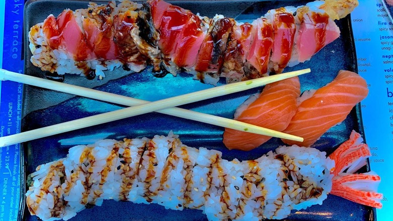 Two rolls and nigiri on sushi platter at Oyster & Sushi Bar