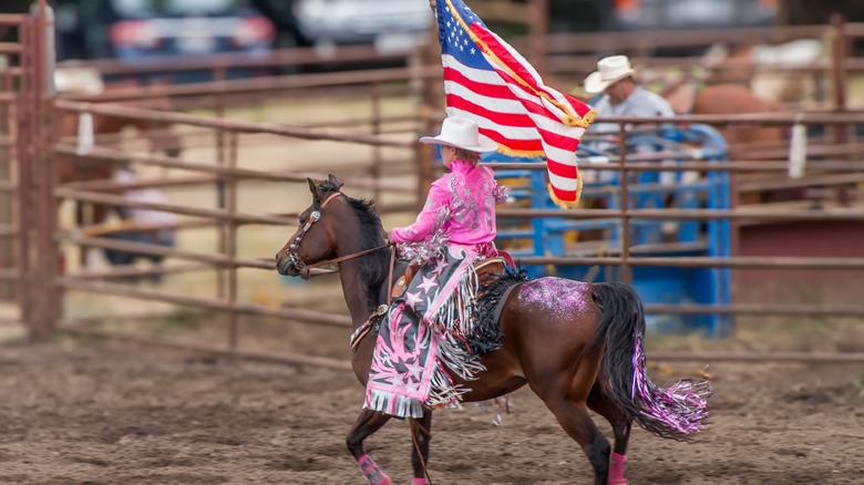 cowgirl in pink outfit on horse with an american flag at a rodeo