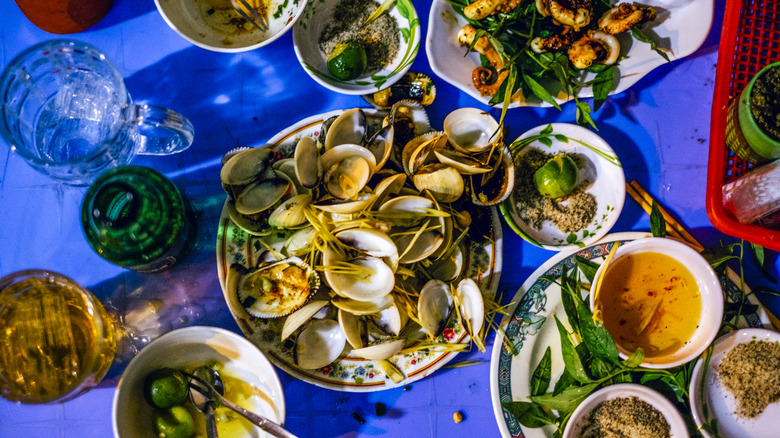 Variety of street food seafood in Ho Chi Minh City, Vietnam