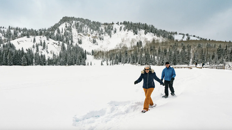 Older couple snowshoeing at Solitude Mountain.