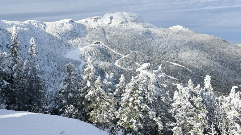 View of Stowe Mountain covered in snow.