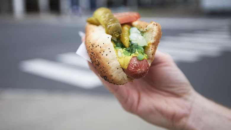 Close-up of a Chicago-style hot dog