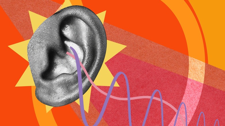 collage with red and orange background, black and white ear, and purple and pink sound waves going into the ear