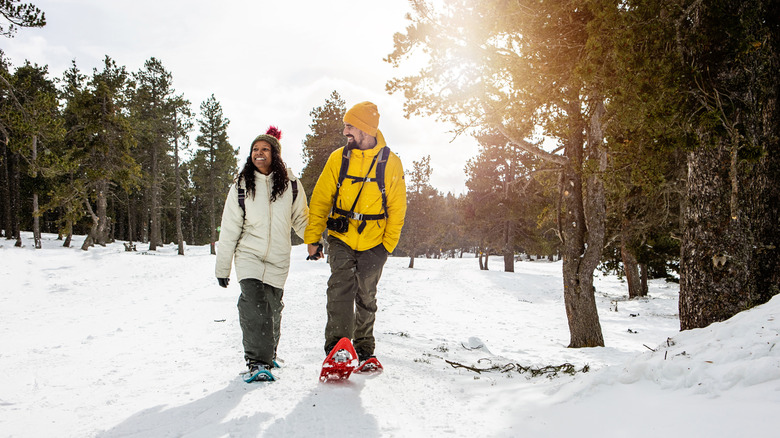 Couple snowshoeing and holding hands