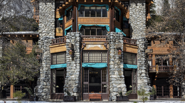 stone and wooden exterior of the Ahwahnee Hotel