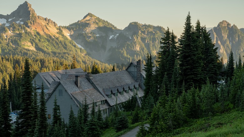 Paradise Inn at Mount Rainier National Park with mountain backdrop