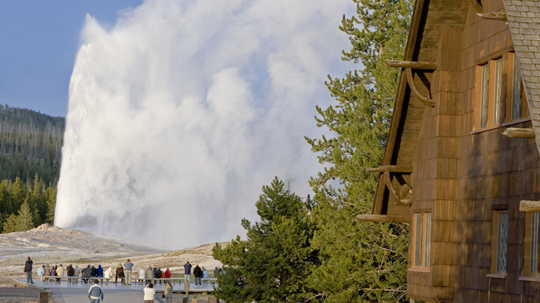 Old Faithful erupting outside Old Faithful Inn