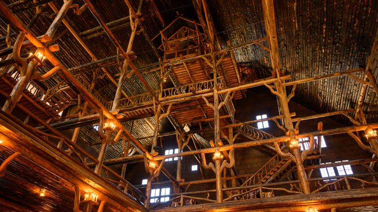 wooden interior of Old Faithful Inn