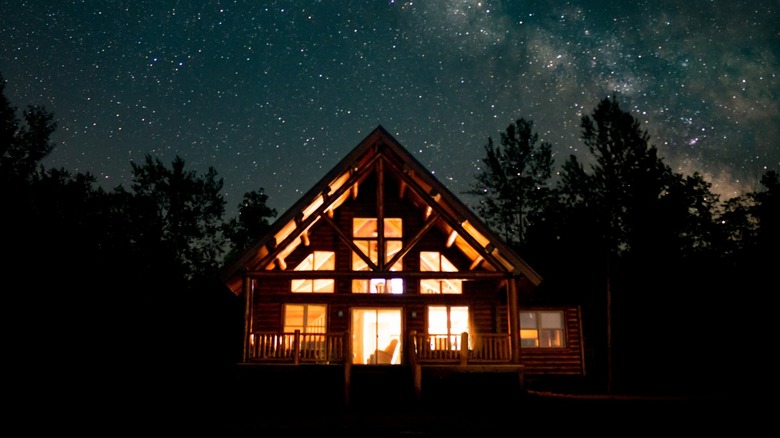 cabin woods night sky stars