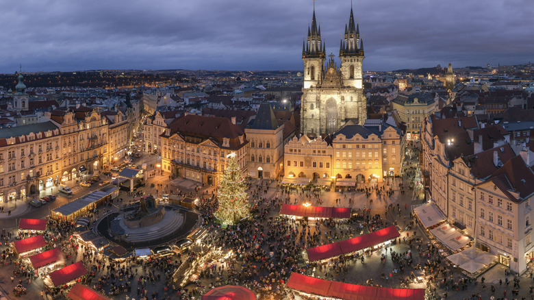 Aerial view of European Christmas festivities