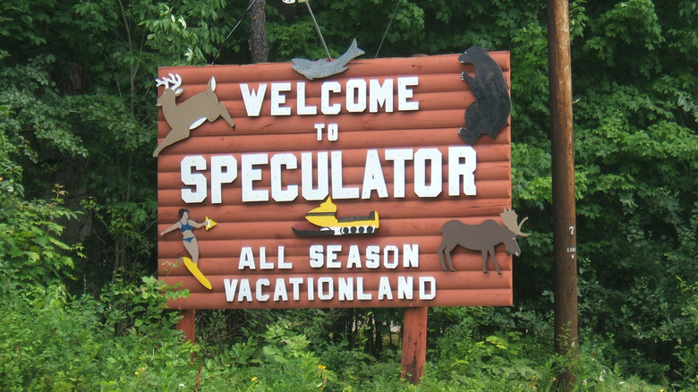 Welcome to Speculator road sign with cutouts of animals