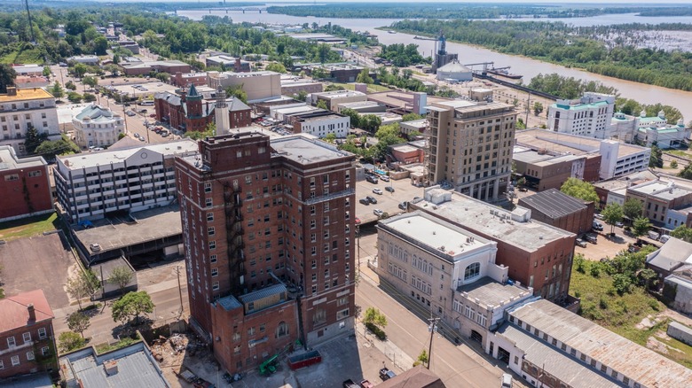 Aerial view of Vicksburg, Mississippi with Mississippi River in the background