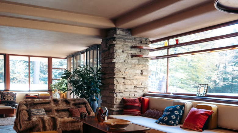 A room inside Fallingwater with simple furnishings