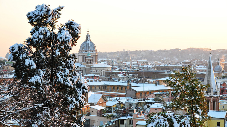 Landscape of winter in Rome, Italy with snow on the trees