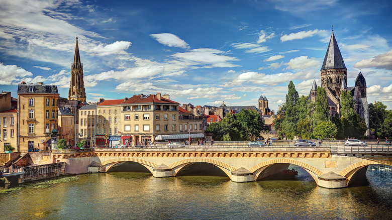 Famous church, bell tower, and bridge in Metz