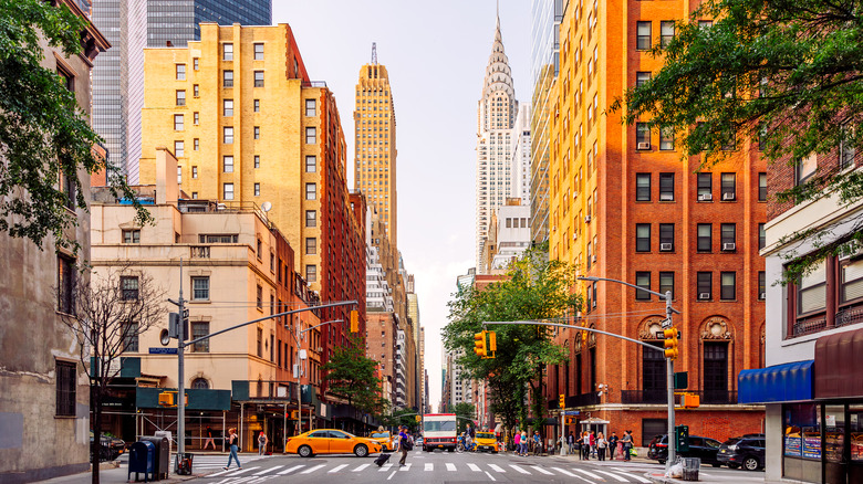 View of New York City buildings and crosswalk