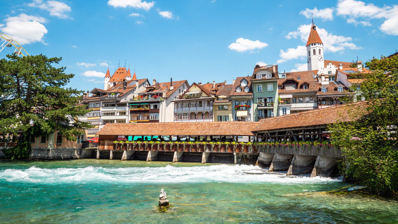 Covered bridge and old buildings in Thun