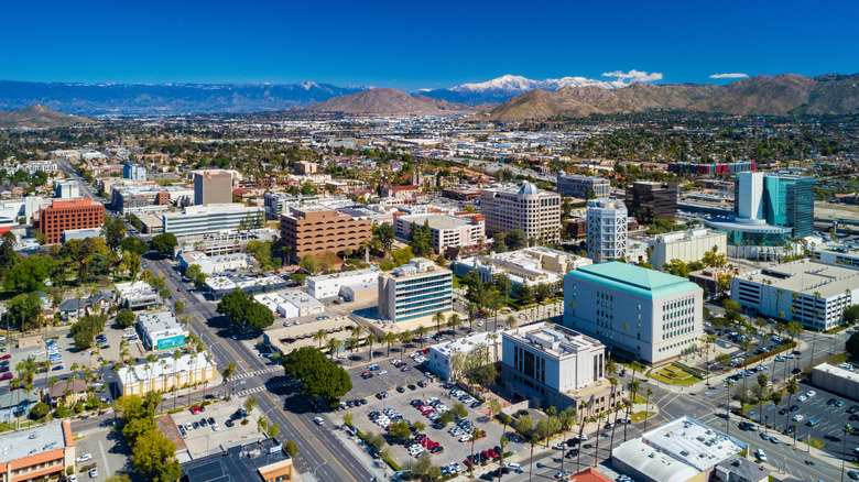 Aerial view of buildings in downtown Riverside, California