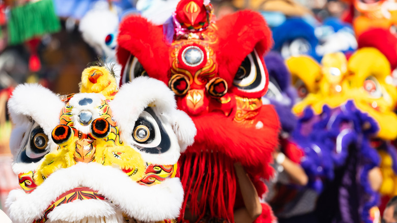 Traditional Chinese lion masks on display