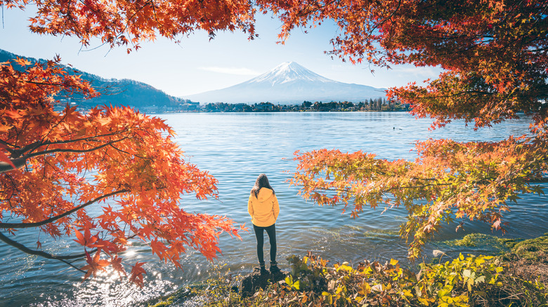 A woman stands by lake