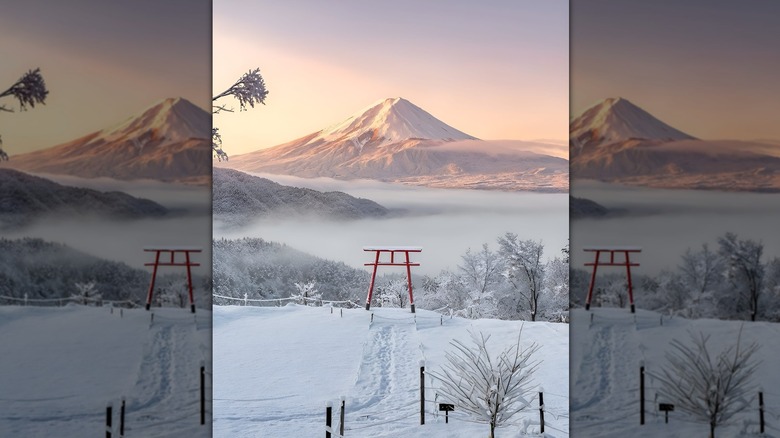 A shrine with Mt. Fuji in snow