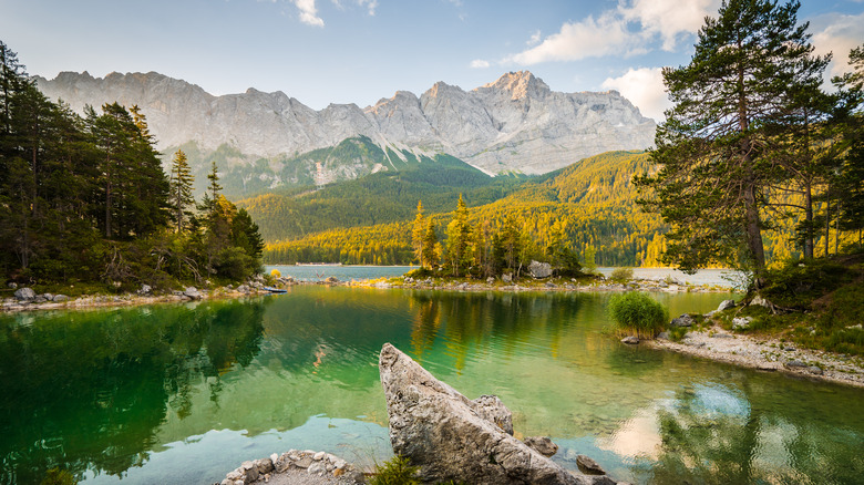 Eibsee at sunrise with Zugspitze in background