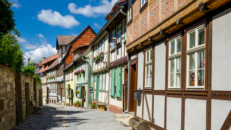 Narrow street in Quedlinburg showing traditional architecture