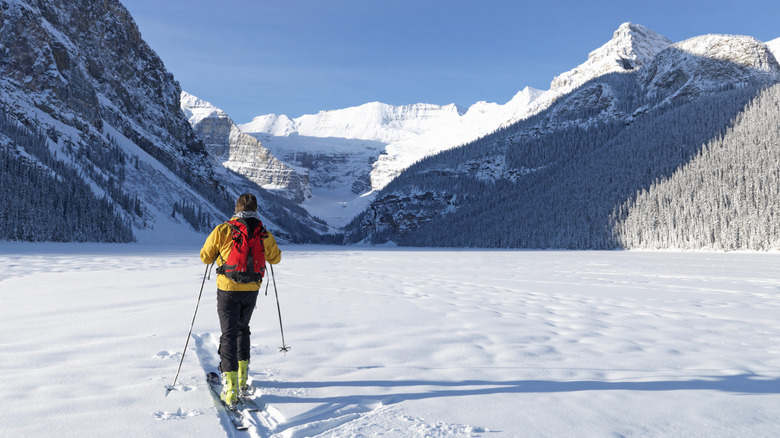 Cross country skiing on a frozen Lake Louise