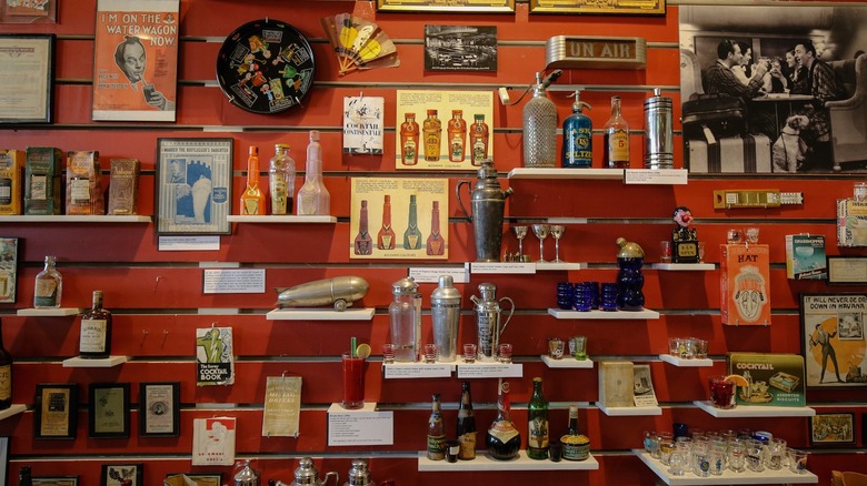 Close-up of the bar wall at the Museum of the American Cocktail in New Orleans, Louisiana