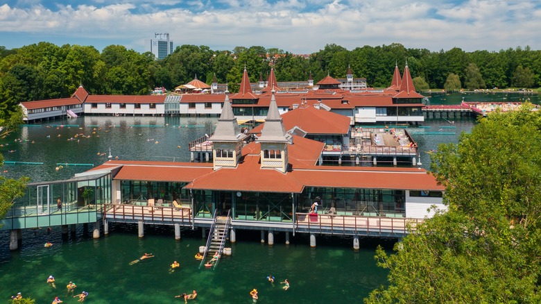 swimmers in Hévíz thermal lake