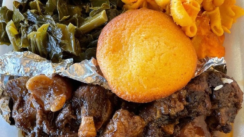 oxtail, greens, cornbread, macaroni