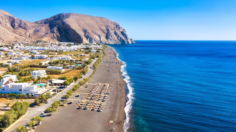 An aerial view of Perissa's black sand beach.