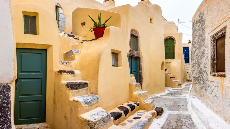 Narrow street in the traditional village of Emporio, Santorini.