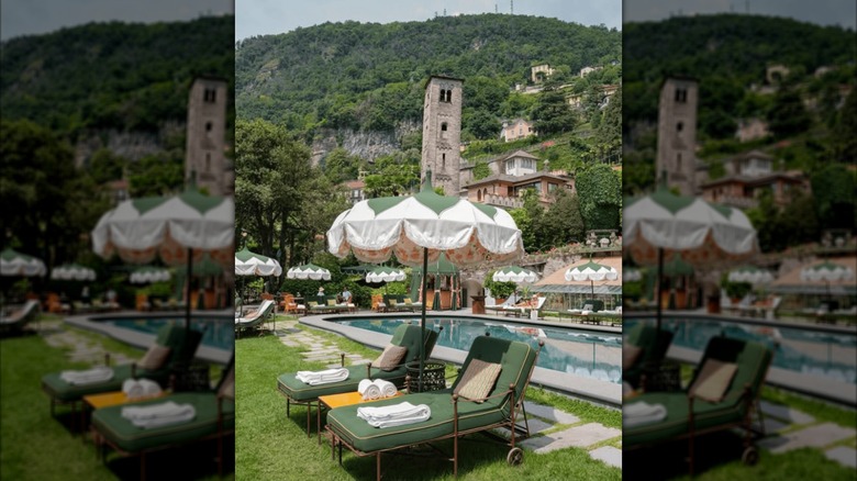 Lounge chairs by a pool