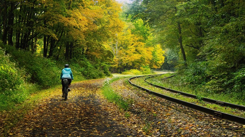 Person biking on Great Allegheny Passage by railroad tracks